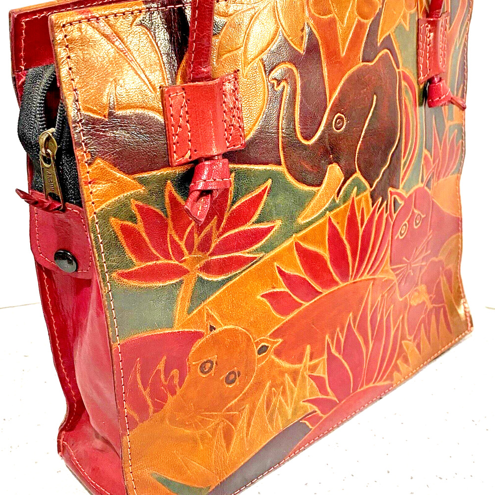 Vintage Hand Painted & Tooled Leather Two Handle Tote Bag Purse Elephant Animals - Picture 6 of 10